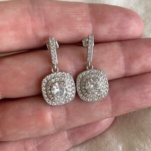 Diamond Halo Square Pendant Drop Dangle Earrings Bridal New